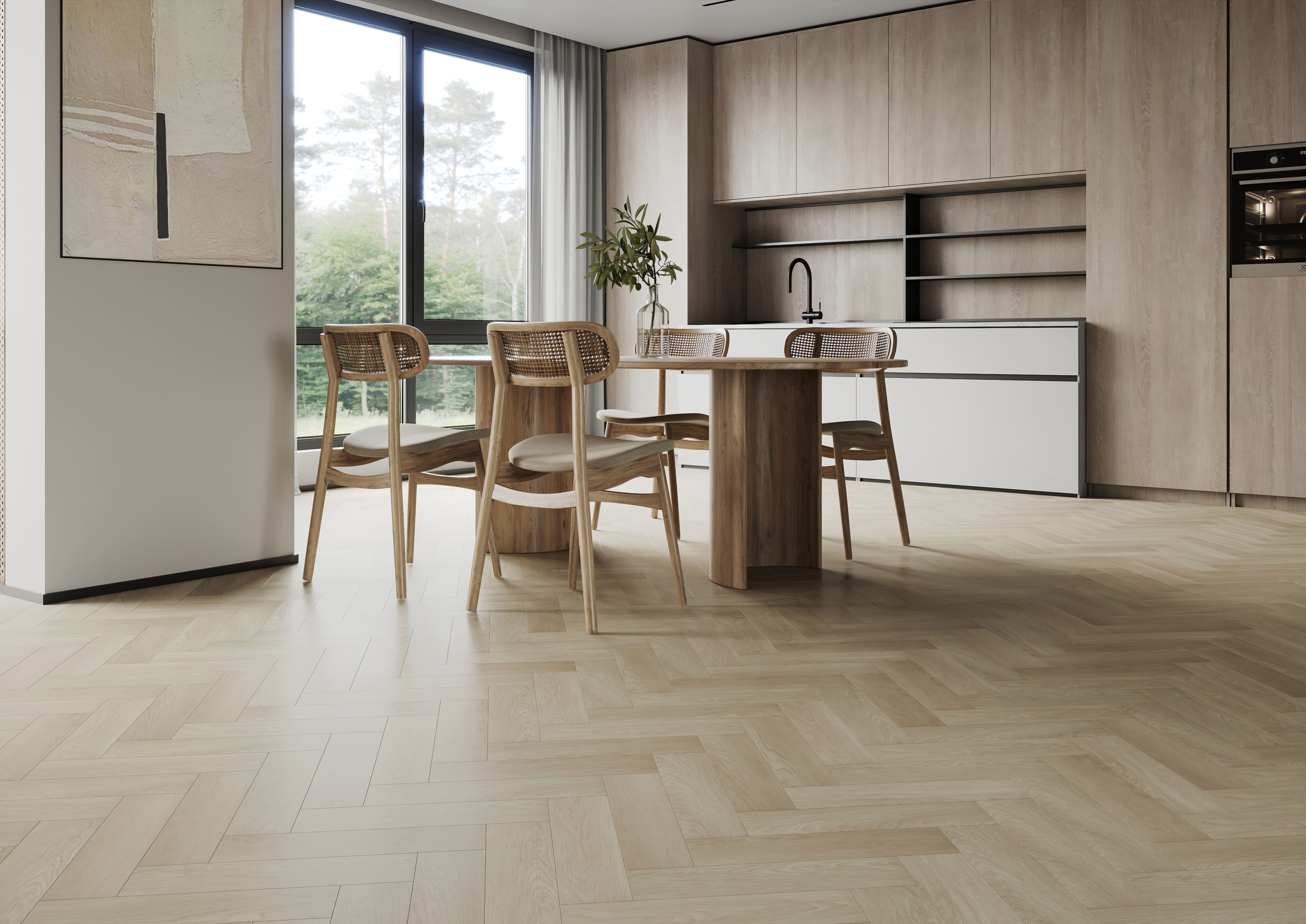 Кварцвиниловый SPC ламинат Home Expert Parquet Design Дуб Английский 44-6191-28 венгерская елка 400×100×4,5 фото в интерьере